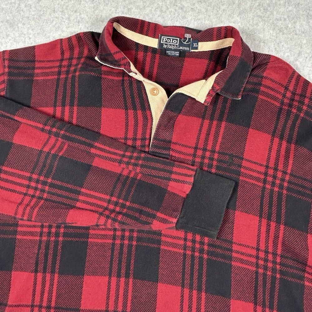 Polo Ralph Lauren Men Sz L Tartan Plaid Long Sleeve Polo Shirt Vintage Red Black